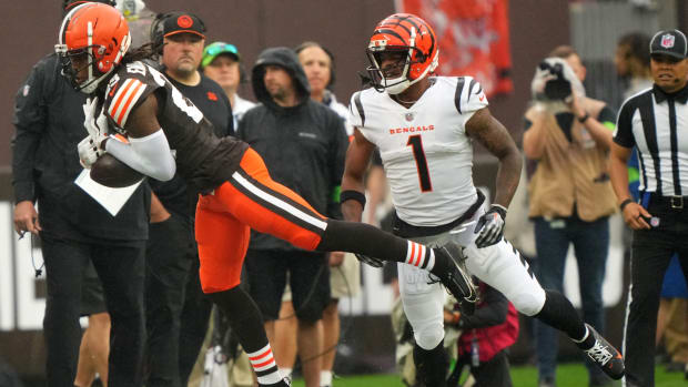 Cleveland Browns cornerback Martin Emerson Jr. (23) nearly intercept a pass intended for Cincinnati Bengals wide receiver Ja'Marr Chase (1) in the first quarter of an NFL football game between the Cincinnati Bengals and Cleveland Browns, Sunday, Sept. 10, 2023, at Cleveland Browns Stadium in Cincinnati.